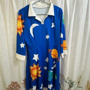 Vibrant Blue Dress with Celestial Design